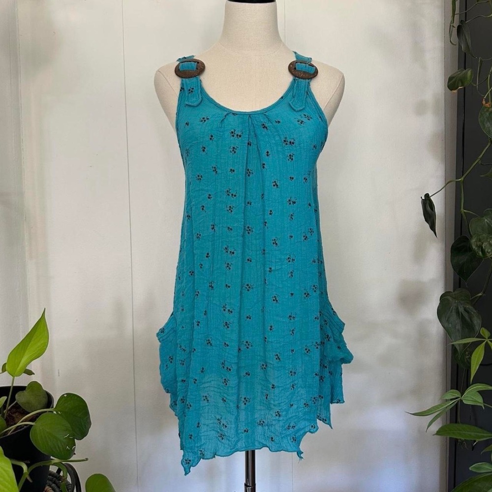 Adena Teal Blue Floral Tunic Tank Top Mini Dress Wooden Ring Straps Small Medium
